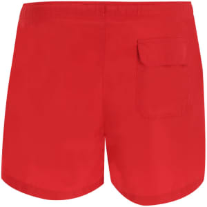Red swimming trunks with a pocket on the back and a simple design. Features a logo on the waistband.