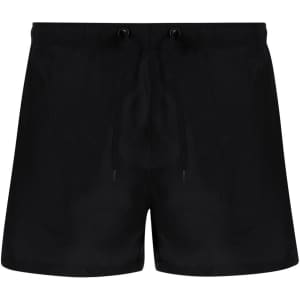 Black swimming trunks with a drawstring waistband and a simple design, featuring a logo.