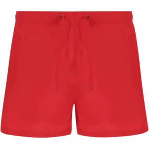 Red swimming trunks with a drawstring waistband and a logo on the side.