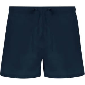 Navy blue swimming trunks featuring a drawstring waistband and a logo.