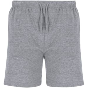 Grey dress shorts with an elastic drawstring waistband, featuring a smooth fabric texture. Includes a logo.