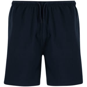 Navy blue Raffy Bermuda shorts with an elastic waistband and drawstring, featuring branding.