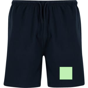 Navy blue Bermuda shorts featuring an elastic waistband and a small green square logo.