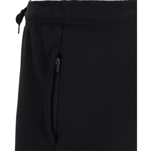 Black joggers featuring an elastic waistband and zippered side pocket, with a subtle logo present.