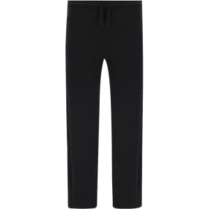 Black track pants with a drawstring waist and a logo. Suitable for casual or athletic wear.