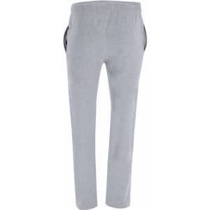 A pair of light grey track pants with side pockets and an elastic waistband, featuring a logo.