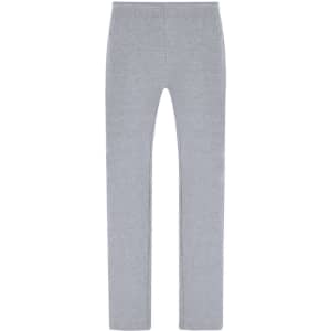 A pair of grey joggers with a simple design and an elastic waistband. The item features a branding logo.
