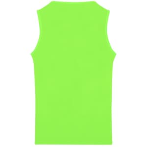 A bright green adult T-shirt with no sleeves and a plain back, featuring a logo.