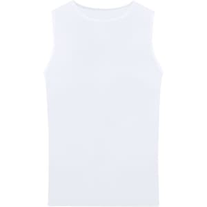A plain white adult t-shirt with no sleeves and a round neckline, featuring a logo.