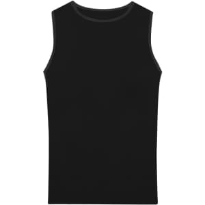A black adult t-shirt with a round neck and no sleeves, featuring a simple design and a logo.