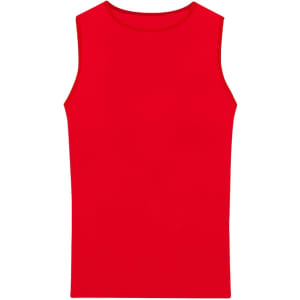 A red adult sleeveless t-shirt displayed on a plain background. It features a simple design and has a logo.
