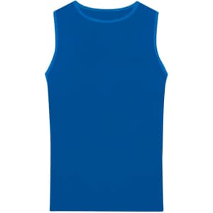 A blue sleeveless adult t-shirt, featuring a round neckline and an absence of graphics or patterns.