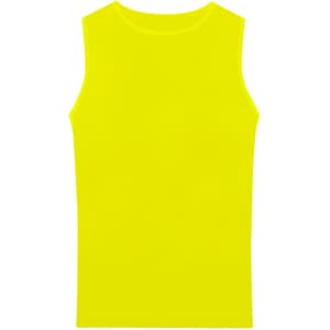 A bright yellow adult t-shirt with a sleeveless design, featuring a logo.