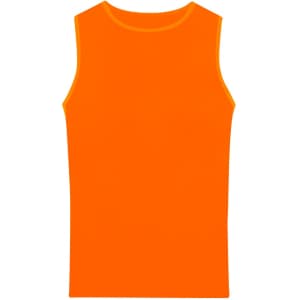 An orange adult sleeveless t-shirt featuring a round neckline and a simple design.
