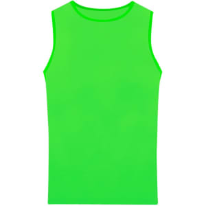 A bright green adult sleeveless T-shirt featuring a simple design and a logo.