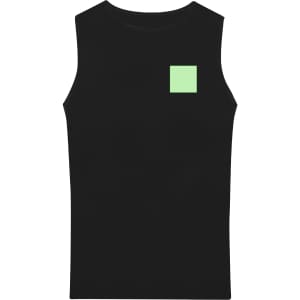A black sleeveless t-shirt featuring a small mint green square design on the front. It has a simple and modern look.