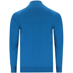 A blue adult technical sweatshirt with a collar and long sleeves, featuring a logo on the back.