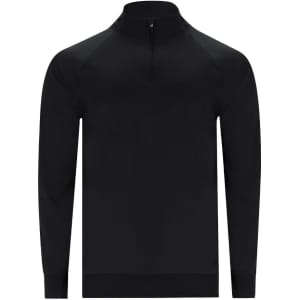 A black technical sweatshirt with a quarter zip front, featuring raglan sleeves and a logo.