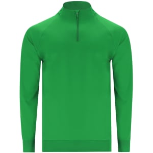 A green technical sweatshirt with a quarter zip and long sleeves. It features a logo on the chest.