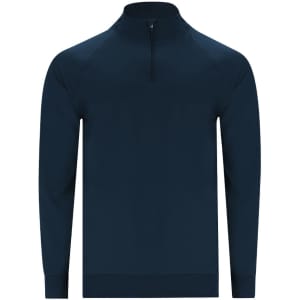 A navy blue adult technical sweatshirt with a zip collar and long sleeves, featuring a logo.