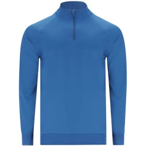 A blue zip-neck sweatshirt with long sleeves and a fitted design. It features a logo on the front.