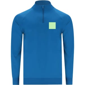 A blue adult sweatshirt with a quarter zip and a square logo in a light colour.
