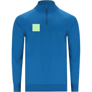 A blue adult technical sweatshirt with a quarter zip and a small logo on the front.
