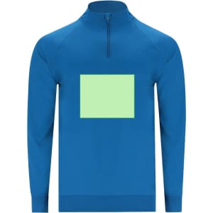 A blue technical sweatshirt featuring a zip and a blank area in the centre. Includes a logo on the garment.