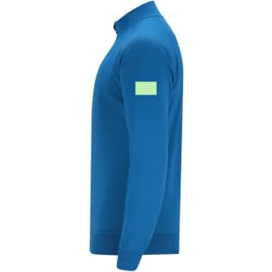 A blue technical sweatshirt featuring long sleeves and a small patch on the arm.