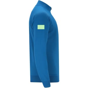 A blue adult sweatshirt with a long sleeve and a small logo on one arm.