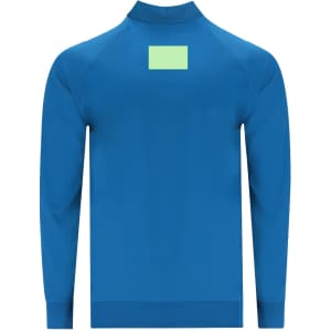 A blue adult technical sweatshirt with a high collar and a logo on the back.