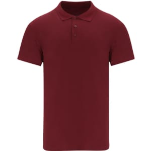 A burgundy polo shirt with a collar and three buttons, featuring a logo.