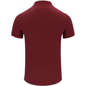 A maroon polo shirt with a classic collar and short sleeves, featuring a logo on the back.