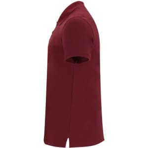 A maroon polo shirt with short sleeves and a side slit. The shirt features a logo.
