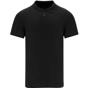A black polo shirt with a collar and three buttons, featuring a logo on the chest area.