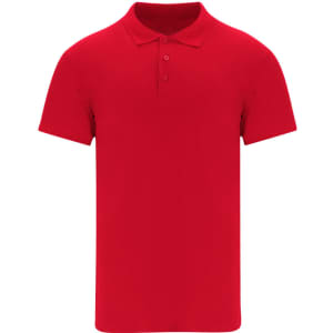 A red polo shirt with a classic collar, short sleeves, and a button placket. It features a brand logo.