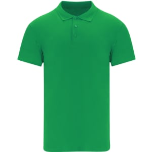 A green polo shirt with a collar and three buttons, featuring a logo on the chest.