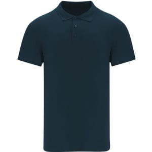 A navy blue adult polo shirt with a collar and three buttons, featuring a small logo.
