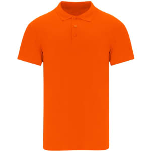 An orange polo shirt with a classic collar and button placket, featuring short sleeves and a logo.