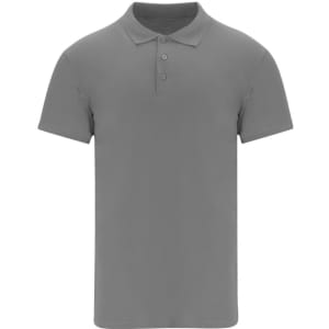 A grey adult polo shirt with a collar and three buttons, featuring a logo on the chest area.