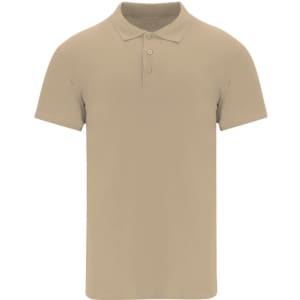 A beige polo shirt with a classic collar, short sleeves, and three buttons, featuring a logo on the chest.
