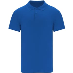 A blue polo shirt with a plain design and a collar, featuring three buttons and a logo.
