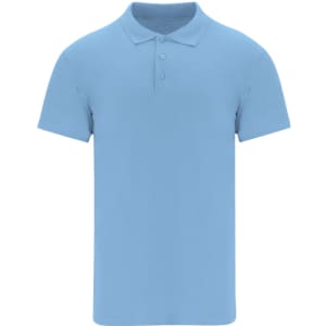 A light blue adult polo shirt with a collar and three buttons, featuring a logo on the chest.