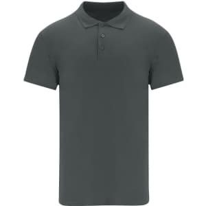 A charcoal grey polo shirt with a collar and three buttons, featuring a logo.