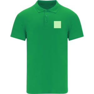 A green polo shirt with a pocket area, featuring a logo on the front.