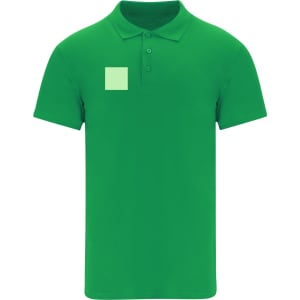 A green polo shirt featuring a square area, designed for adults, with a collar and buttons.