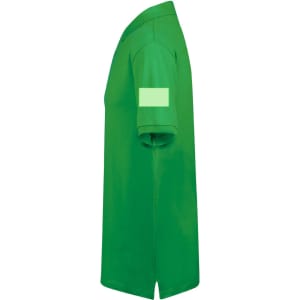 A green polo shirt with a short sleeve and a blank area on the sleeve, featuring a logo.