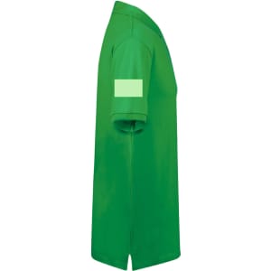 A green polo shirt with a short sleeve and a plain section on the arm. The shirt features a logo.