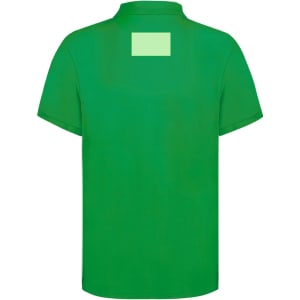 A green polo shirt with a collar, featuring a logo on the back and short sleeves.