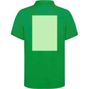 A green polo shirt featuring a blank rectangular area on the back, designed for customization.